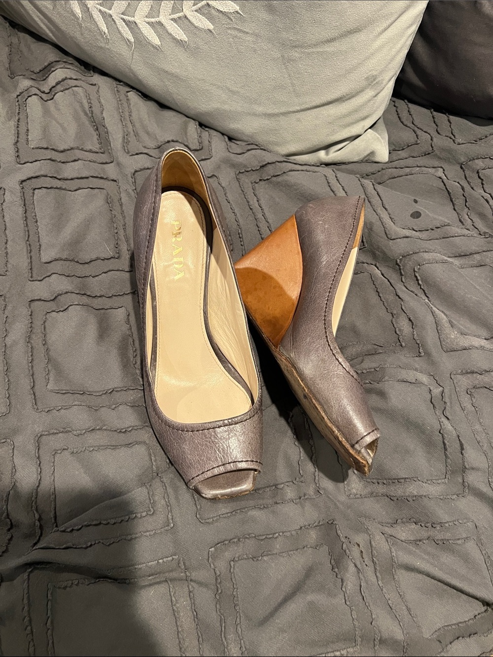 Prada Gray Peep Toe Wedge Pumps